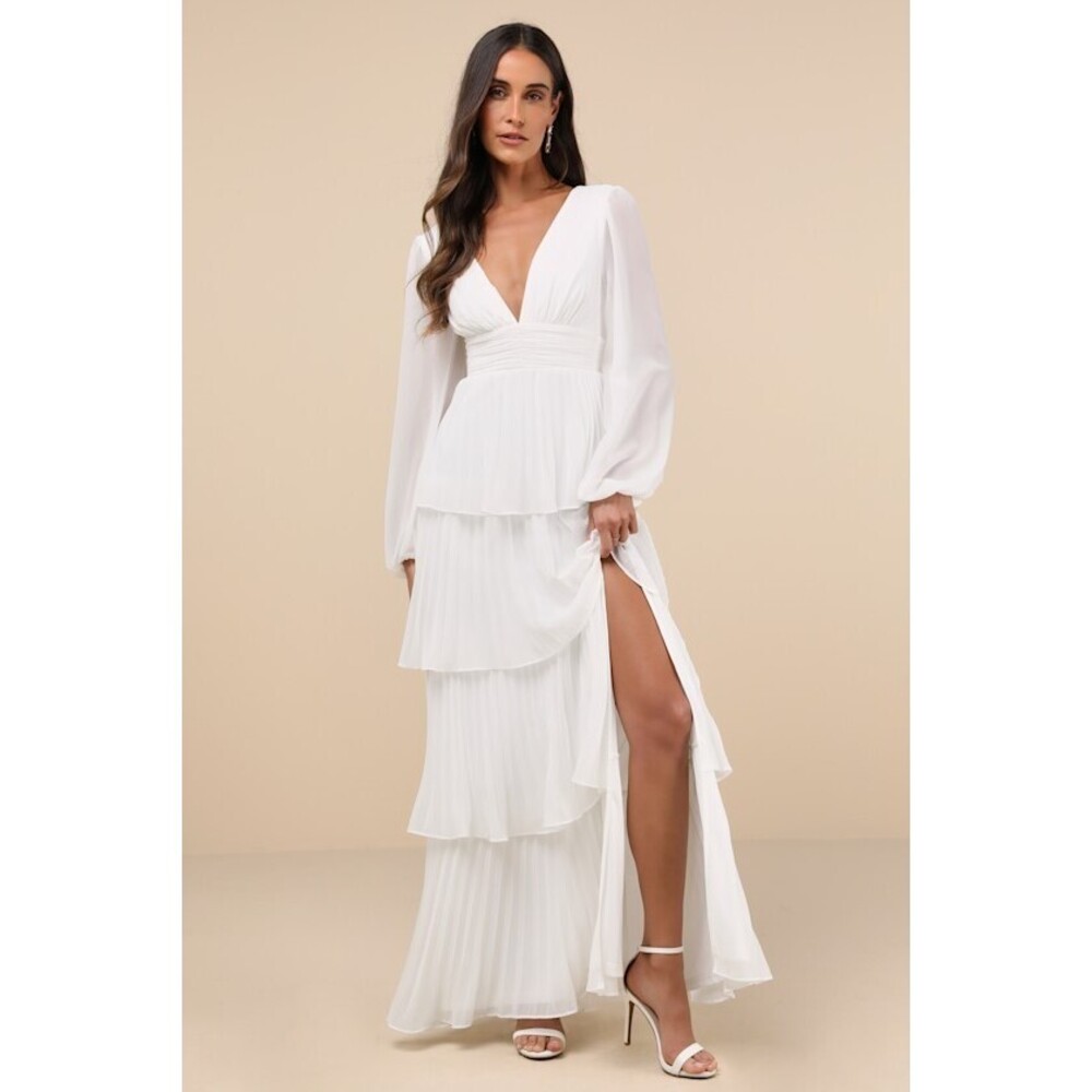 Lulus Graceful Finesse White Pleated Long Sleeve Maxi Dress - Size M